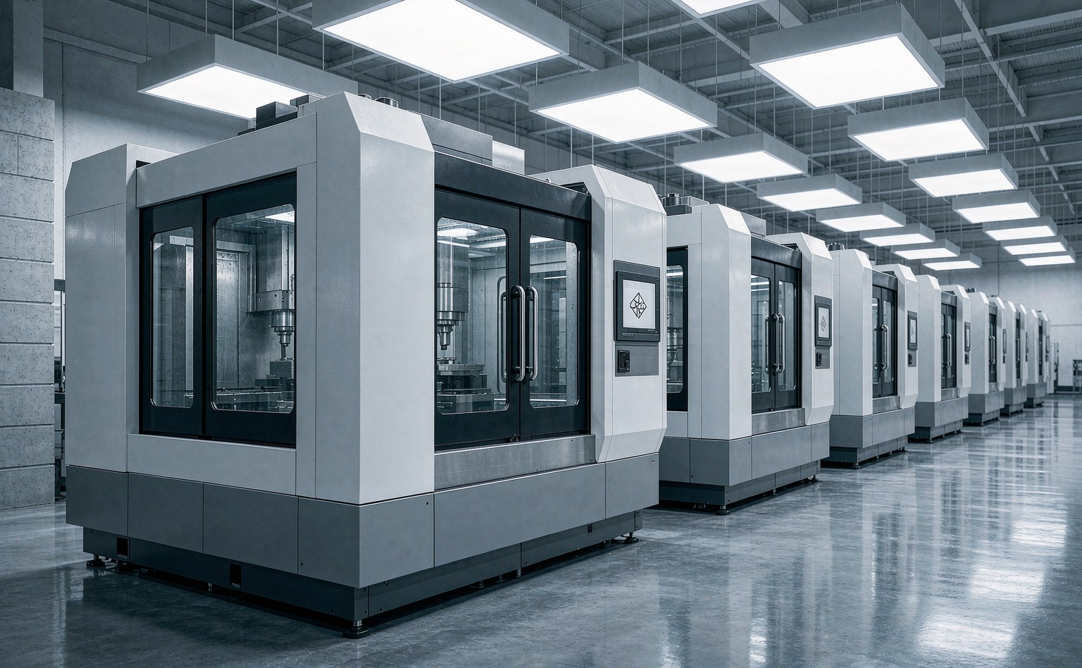 Row of enclosed CNC machining centres on a clean production floor