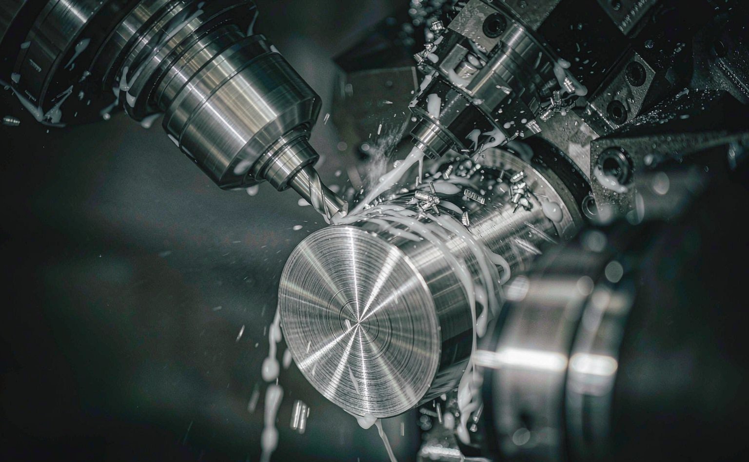 Five-axis CNC milling machine cutting an aluminium 6061 part with coolant spray