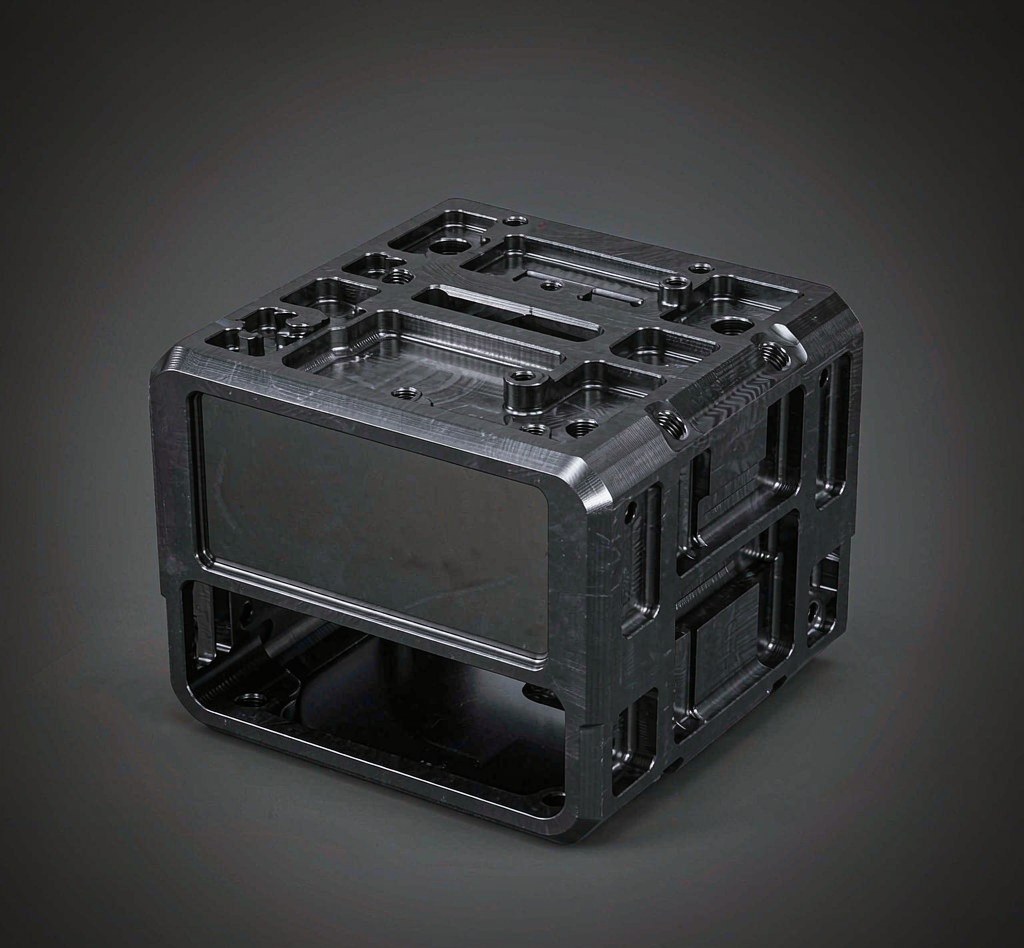 Black anodised aluminium machined enclosure prototype on a dark grey background